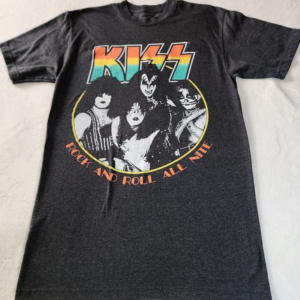 Kiss Dark Rock And Roll All Nite Gray Tshirt With Graphics Size LT